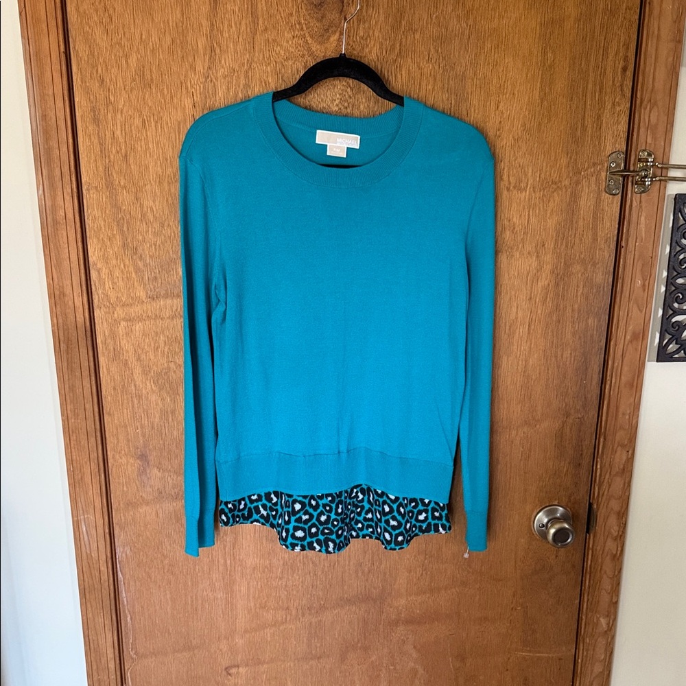 Michael Kors Teal Crewneck Sweater with Leopard Trim